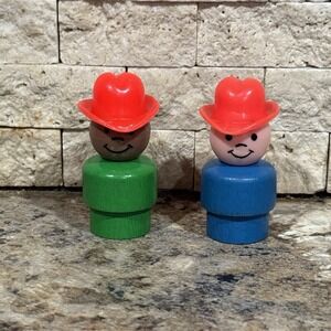 Vintage Fisher Price Little People Farmer Cowboy Blue Green Boy Wooden Head Body